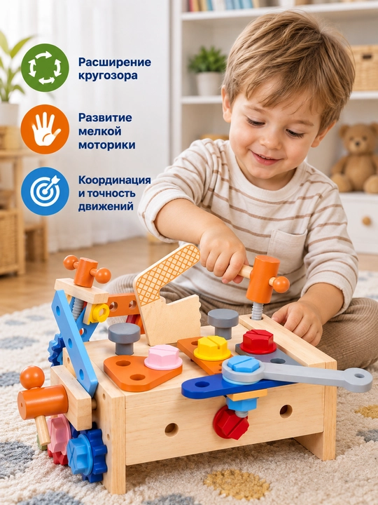 Инструменты детские, деревянные конструктор для мальчиков и девочек, набор инструментов - 
