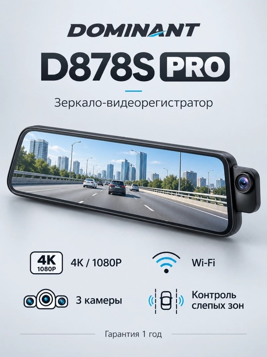 Видеорегистратор-зеркало Dominant, 4K, Wi-Fi, 3 камеры, ADAS и BSD