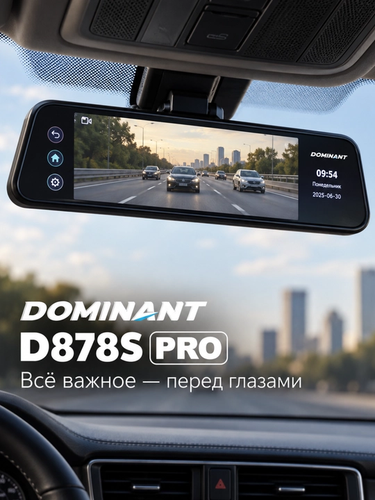Видеорегистратор-зеркало Dominant, 4K, Wi-Fi, 3 камеры, ADAS и BSD