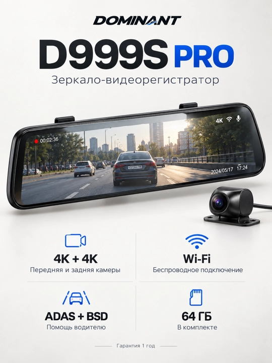 Видеорегистратор-зеркало Dominant, 4K, Wi-Fi, 3 камеры, ADAS и BSD