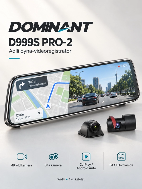 Видеорегистратор-зеркало Dominant, 4K, Wi-Fi, 3 камеры, ADAS и BSD