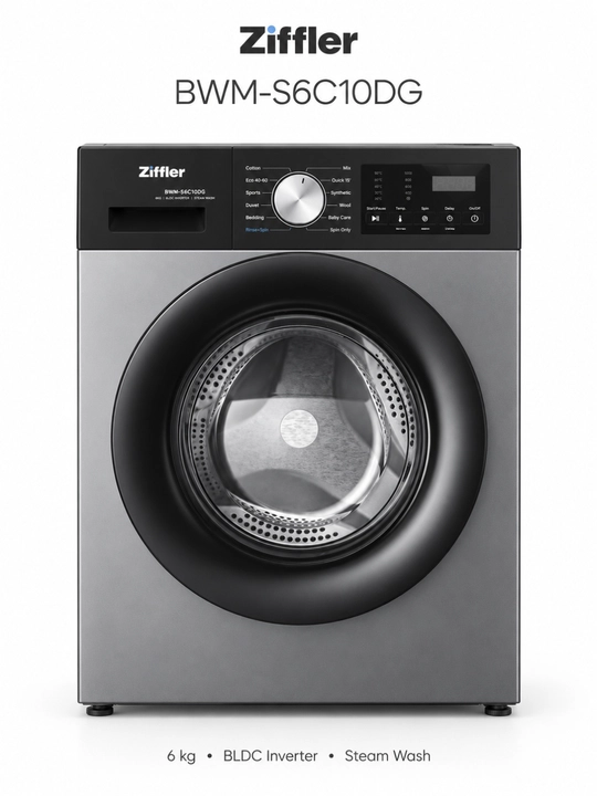 Ziffler kir yuvish mashinasi, 8 kg, BLDC Inverter, Steam Wash bug‘ bilan yuvish