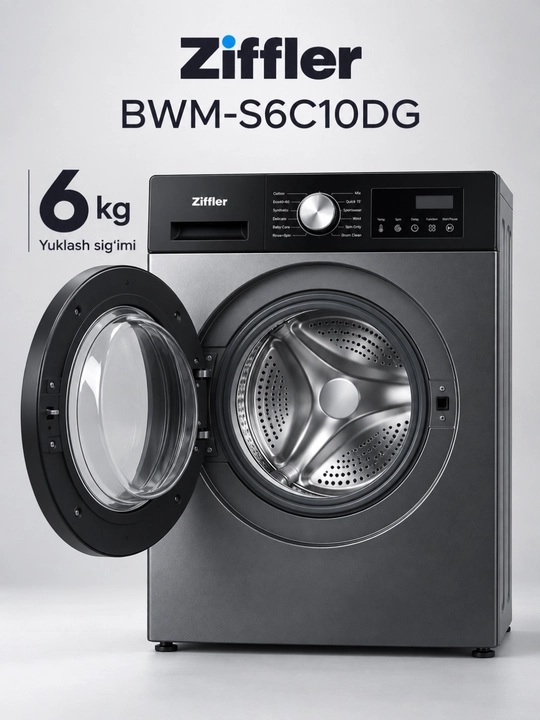Ziffler kir yuvish mashinasi, 8 kg, BLDC Inverter, Steam Wash bug‘ bilan yuvish
