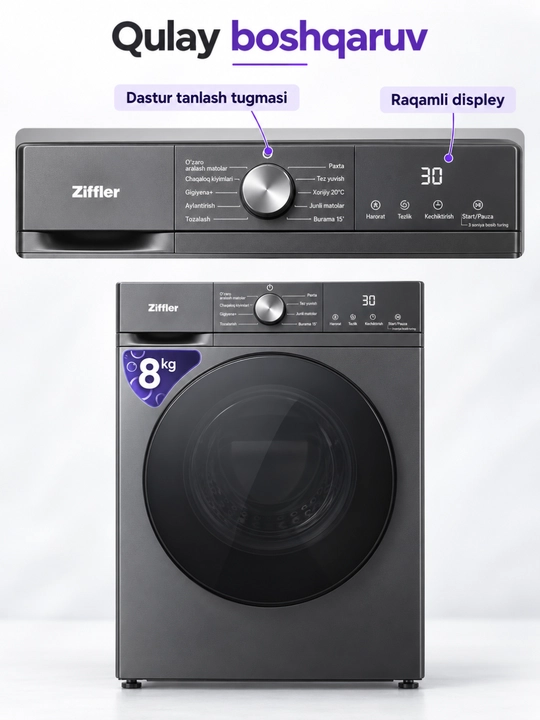 Ziffler kir yuvish mashinasi, 8 kg, BLDC Inverter, Steam Wash bug‘ bilan yuvish