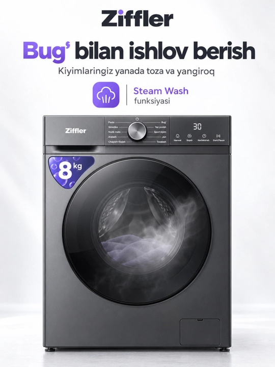 Ziffler kir yuvish mashinasi, 8 kg, BLDC Inverter, Steam Wash bug‘ bilan yuvish