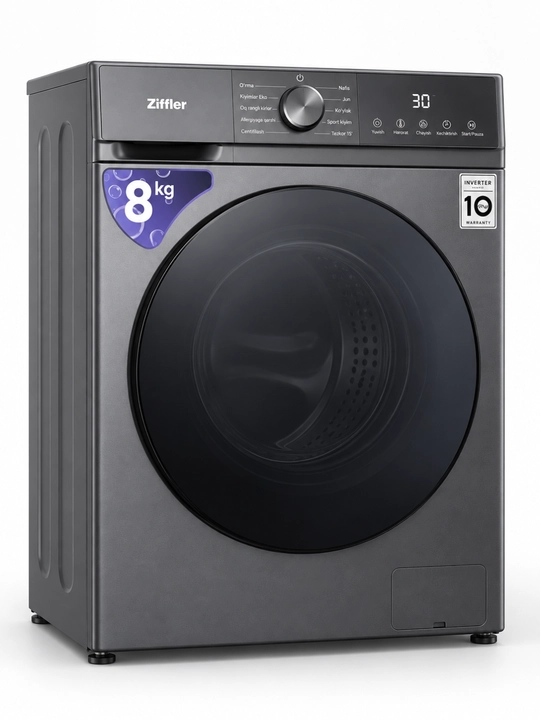 Ziffler kir yuvish mashinasi, 8 kg, BLDC Inverter, Steam Wash bug‘ bilan yuvish