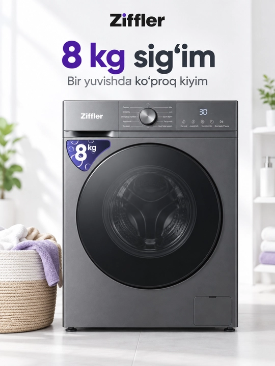 Ziffler kir yuvish mashinasi, 8 kg, BLDC Inverter, Steam Wash bug‘ bilan yuvish
