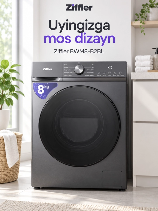 Ziffler kir yuvish mashinasi, 8 kg, BLDC Inverter, Steam Wash bug‘ bilan yuvish