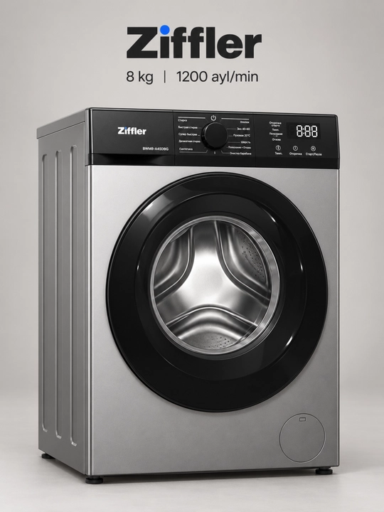 Ziffler kir yuvish mashinasi, 8 kg, BLDC Inverter, Steam Wash bug‘ bilan yuvish