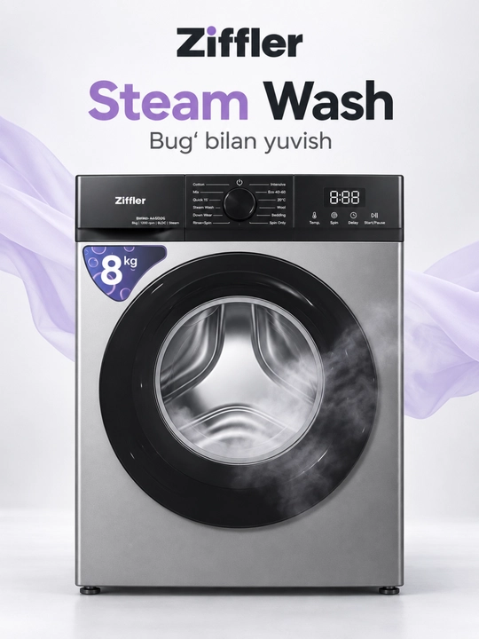 Ziffler kir yuvish mashinasi, 8 kg, BLDC Inverter, Steam Wash bug‘ bilan yuvish