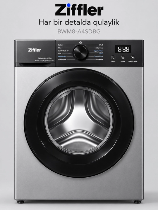 Ziffler kir yuvish mashinasi, 8 kg, BLDC Inverter, Steam Wash bug‘ bilan yuvish