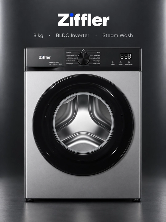 Ziffler kir yuvish mashinasi, 8 kg, BLDC Inverter, Steam Wash bug‘ bilan yuvish