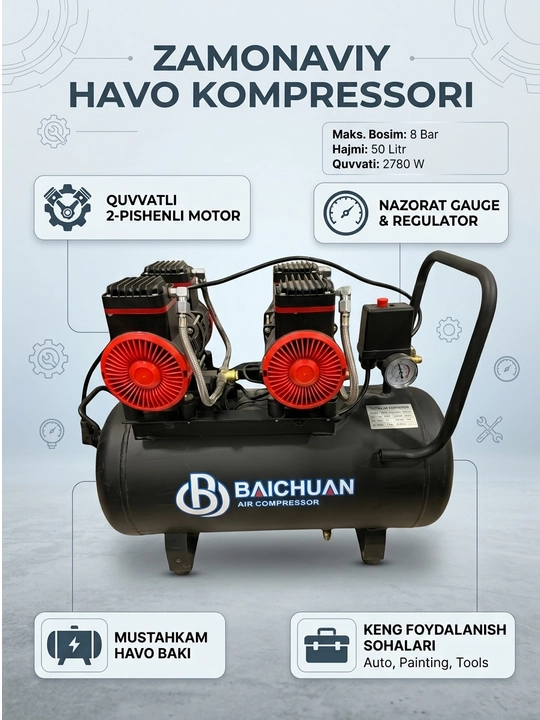 Бесшумный воздушный компрессор Baichuan 50L/2780W /27 кг — для авто, мастерской и покраски - 