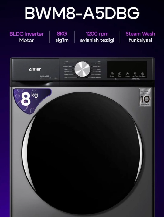 Ziffler kir yuvish mashinasi, 8 kg, BLDC Inverter, Steam Wash bug‘ bilan yuvish