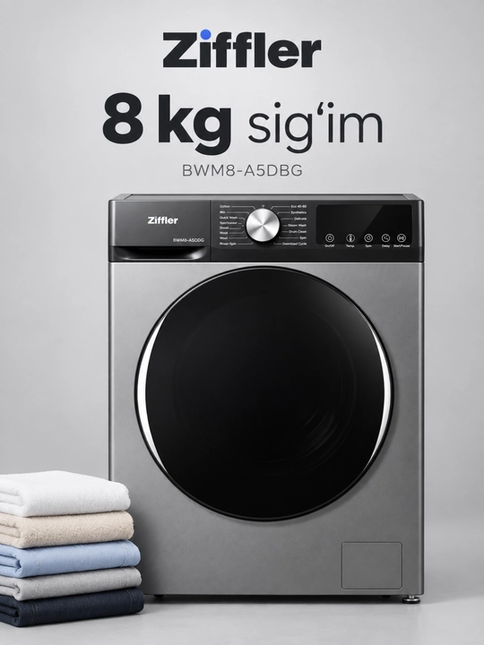 Ziffler kir yuvish mashinasi, 8 kg, BLDC Inverter, Steam Wash bug‘ bilan yuvish