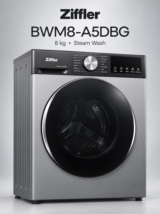 Ziffler kir yuvish mashinasi, 8 kg, BLDC Inverter, Steam Wash bug‘ bilan yuvish
