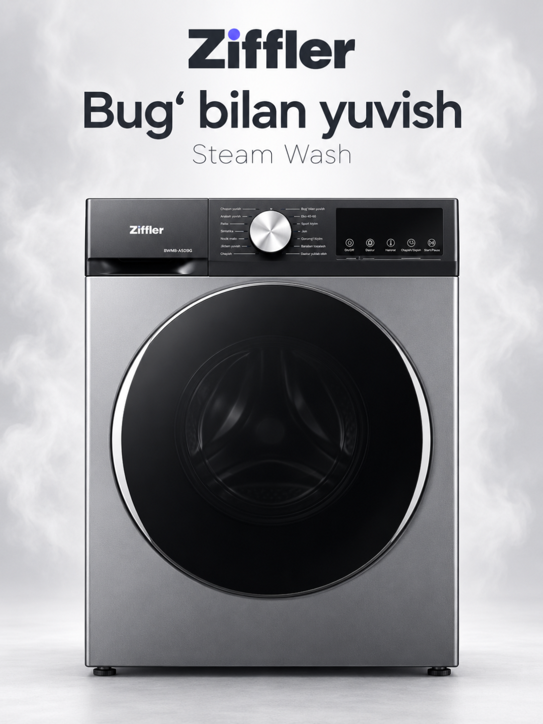 Ziffler kir yuvish mashinasi, 8 kg, BLDC Inverter, Steam Wash bug‘ bilan yuvish