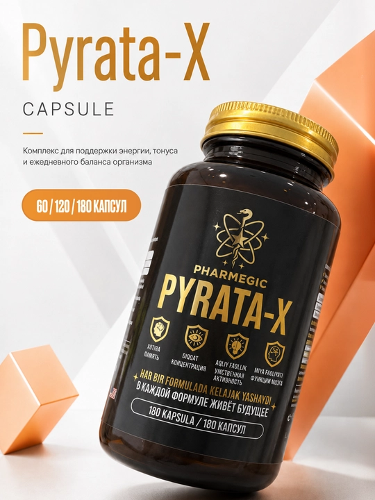Витамины для мозга и памяти PYRATA-X, пиритинол 100 мг для концентрации, 60 капсул