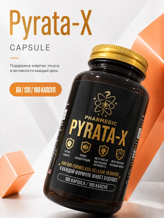 Витамины для мозга и памяти PYRATA-X, пиритинол 100 мг для концентрации, 60 капсул - 