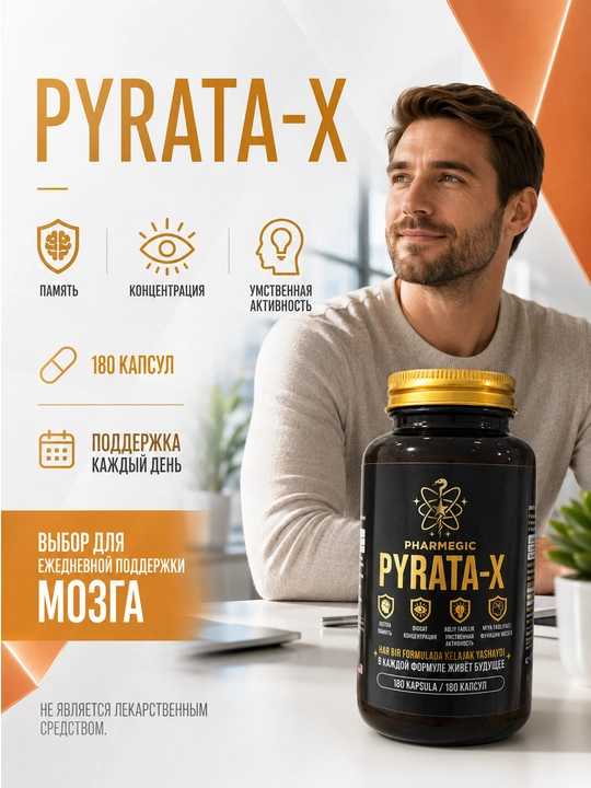 Витамины для мозга и памяти PYRATA-X, пиритинол 100 мг для концентрации, 60 капсул
