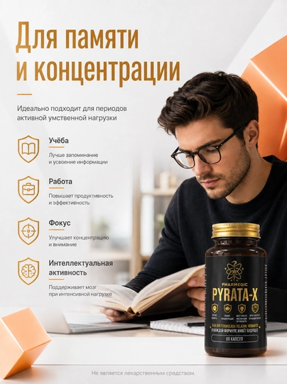 Витамины для мозга и памяти PYRATA-X, пиритинол 100 мг для концентрации, 60 капсул