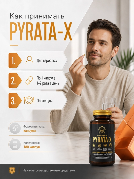 Витамины для мозга и памяти PYRATA-X, пиритинол 100 мг для концентрации, 60 капсул