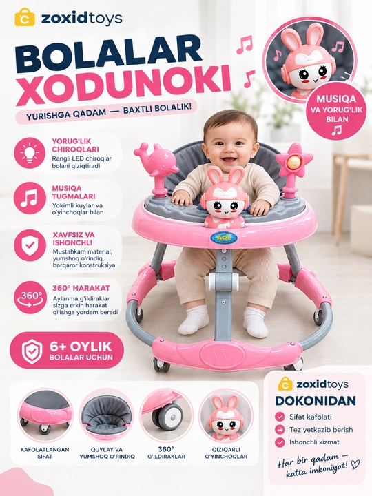 Yig‘iladigan, yumshoq g‘ildirakli yoritgichli bolalar Xodunogi - 