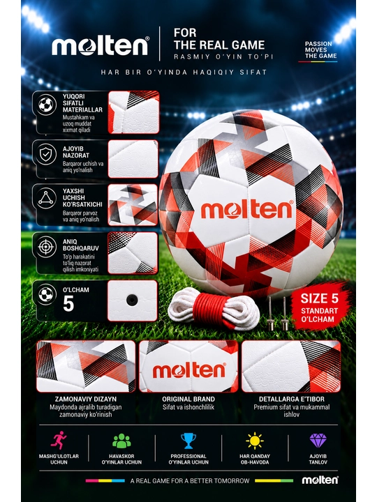 Futbol to‘pi Molten FG1000, Professional, 5-o‘lcham, oq-qizil