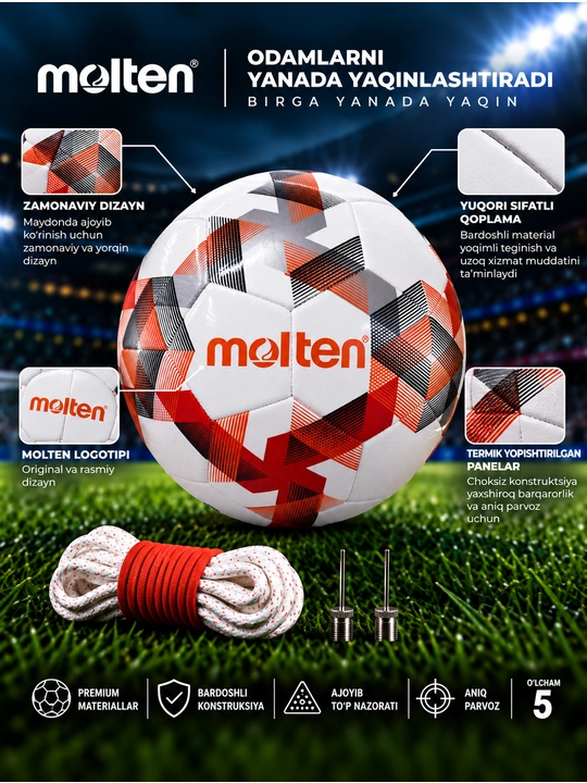 Futbol to‘pi Molten FG1000, Professional, 5-o‘lcham, oq-qizil