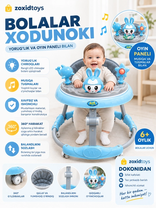 Yig‘iladigan, yumshoq g‘ildirakli yoritgichli bolalar Xodunogi - 
