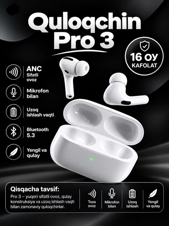 Simsiz quloqchinlar Pro 3 ANC,blutooth  Ayfon va barcha qurilmalar uchun - 