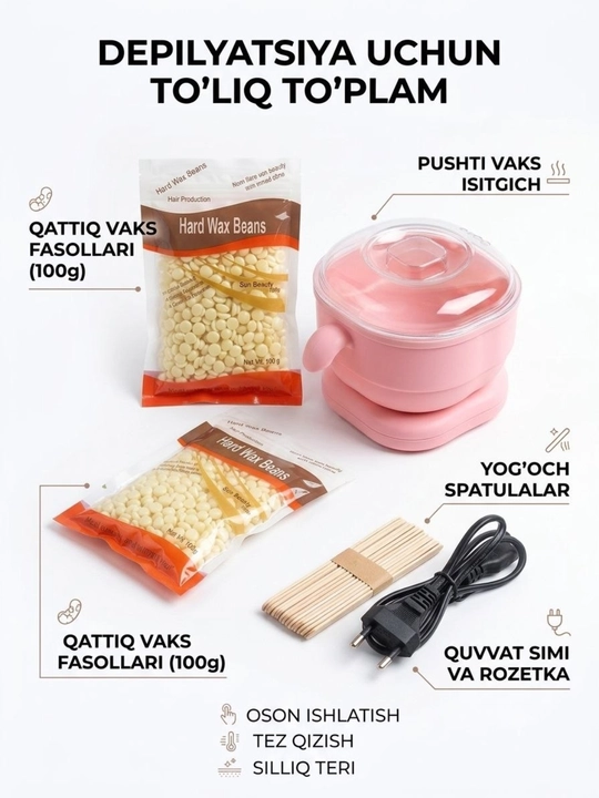 Pro-Wax 100 bankadagi mum eritish vositasi, depilyatsiya uchun to‘plam, granulalardagi mum, shpatellar