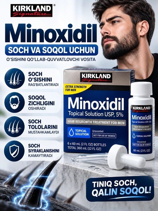 Minoksidil 5%, soch o‘stirish, soqol o‘stirish, Kirkland 60 ml - 