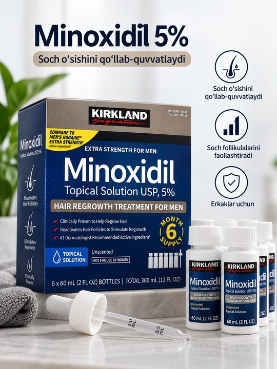 Minoksidil 5%, soch o‘stirish, soqol o‘stirish, Kirkland 60 ml