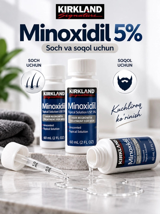 Minoksidil 5%, soch o‘stirish, soqol o‘stirish, Kirkland 60 ml
