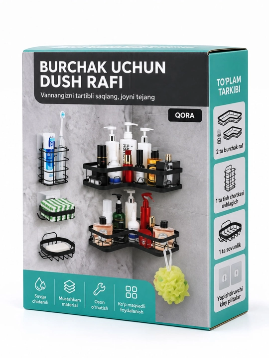 Dush rafi burchak uchun qora metall tokcha 2 ta to‘plam