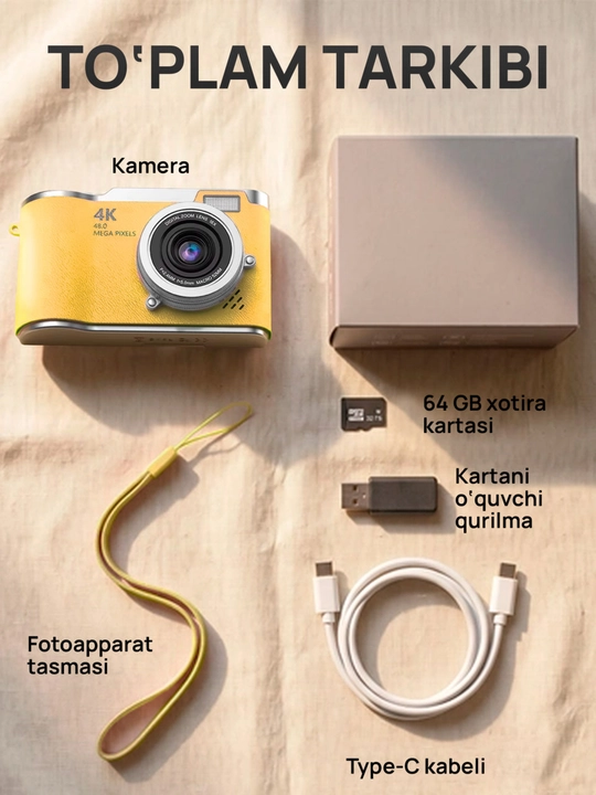 Raqamli fotoapparat 4K 48 MP / Buklanadigan ekranli ixcham retro kamera