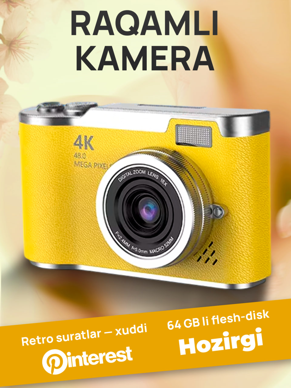 Raqamli fotoapparat 4K 48 MP / Buklanadigan ekranli ixcham retro kamera - 
