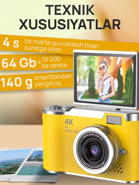 Raqamli fotoapparat 4K 48 MP / Buklanadigan ekranli ixcham retro kamera