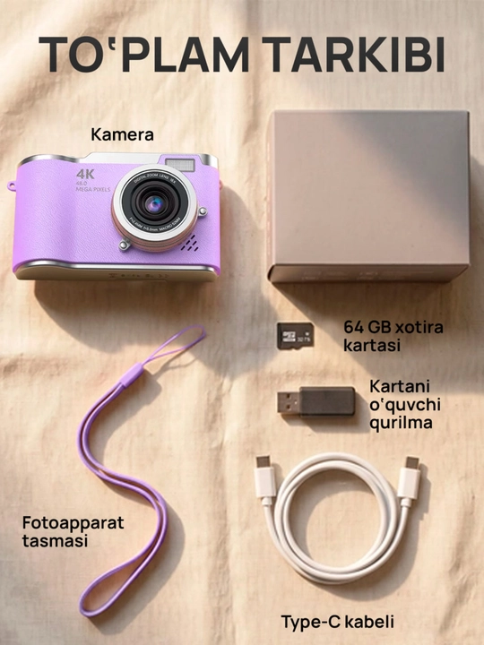 Raqamli fotoapparat 4K 48 MP / Buklanadigan ekranli ixcham retro kamera