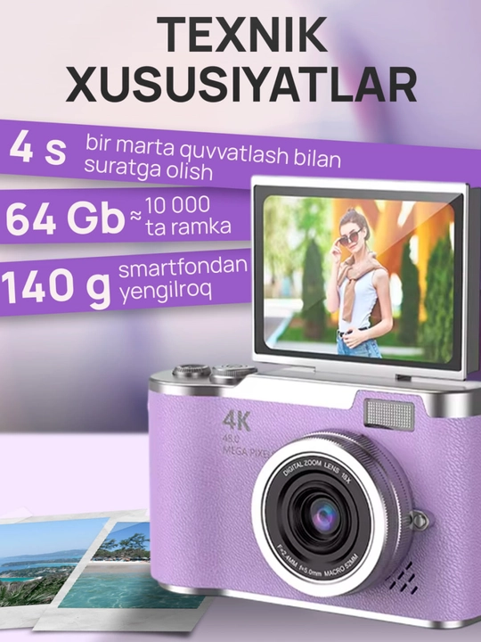 Raqamli fotoapparat 4K 48 MP / Buklanadigan ekranli ixcham retro kamera