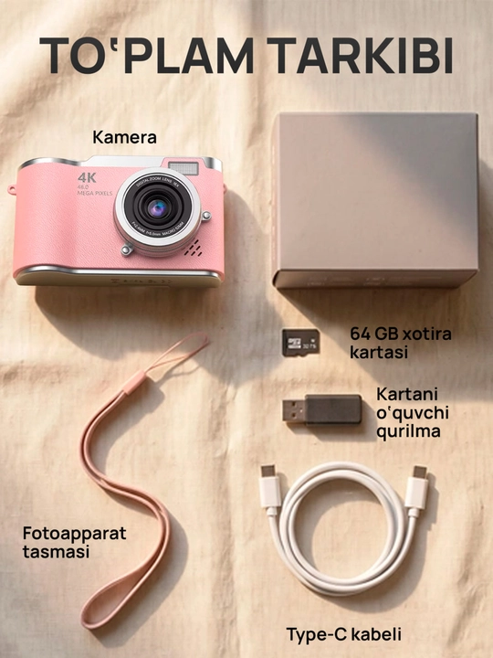 Raqamli fotoapparat 4K 48 MP / Buklanadigan ekranli ixcham retro kamera