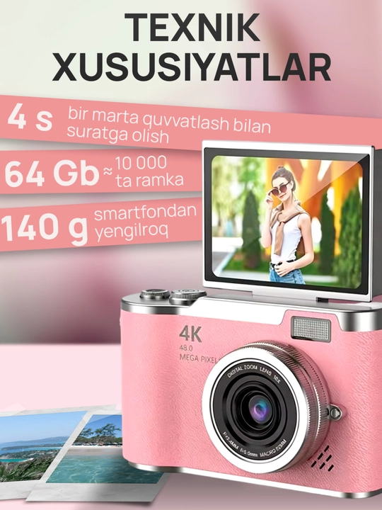 Raqamli fotoapparat 4K 48 MP / Buklanadigan ekranli ixcham retro kamera
