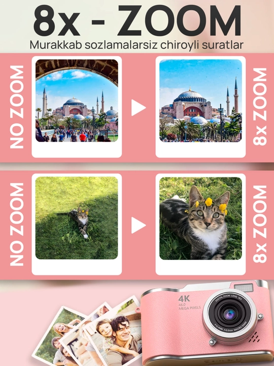 Raqamli fotoapparat 4K 48 MP / Buklanadigan ekranli ixcham retro kamera