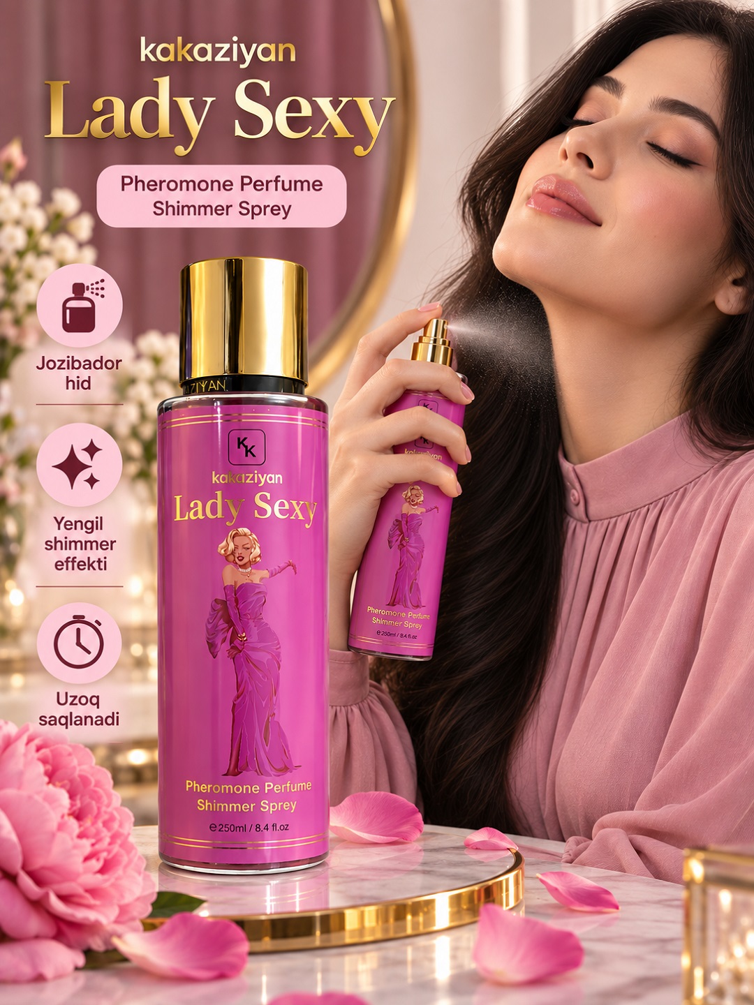 Lady Sexy — ayollar uchun parfyumlangan suv, feromon bilan, spreylar tana uchun