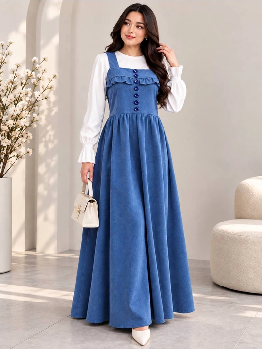 Ayollar uchun uzun velvet sarafan, oq bluzkali, nafis va zamonaviy model