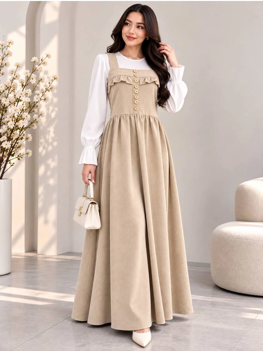 Ayollar uchun uzun velvet sarafan, oq bluzkali, nafis va zamonaviy model