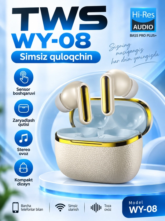 TWS WY-08 беспроводные наушники, сенсорное управление, зарядный кейс, стереозвук - 