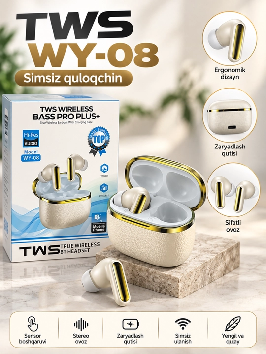 TWS WY-08 беспроводные наушники, сенсорное управление, зарядный кейс, стереозвук