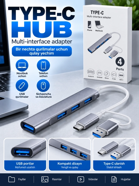 USB Hub 3.0, 4-портовый USB разветвитель, компактный адаптер
